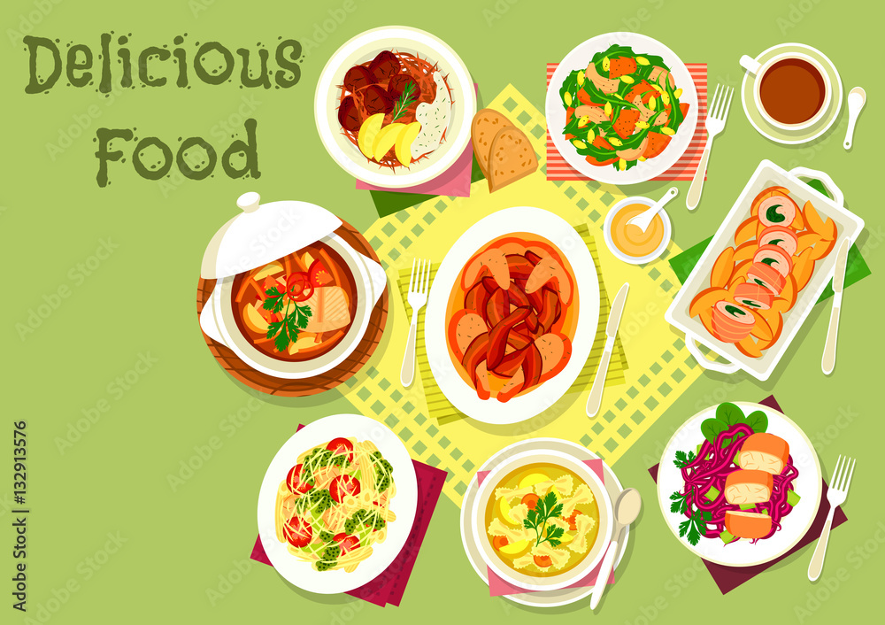 Meat and fish dishes with pasta and veggies icon