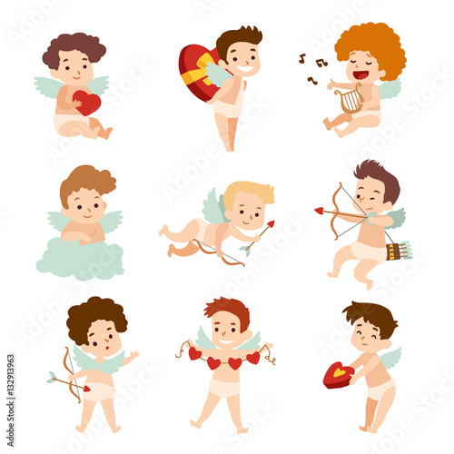 Set of Cupid cartoon characters isolated on white background. Vector illustration