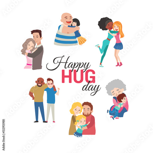 Happy hug day background with vector cartoon characters.