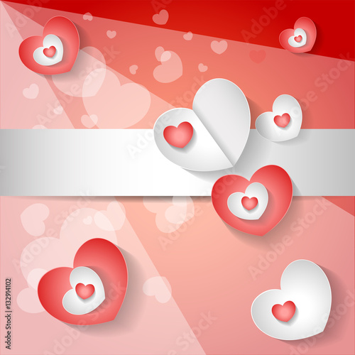 Red and white hearts on a pink background