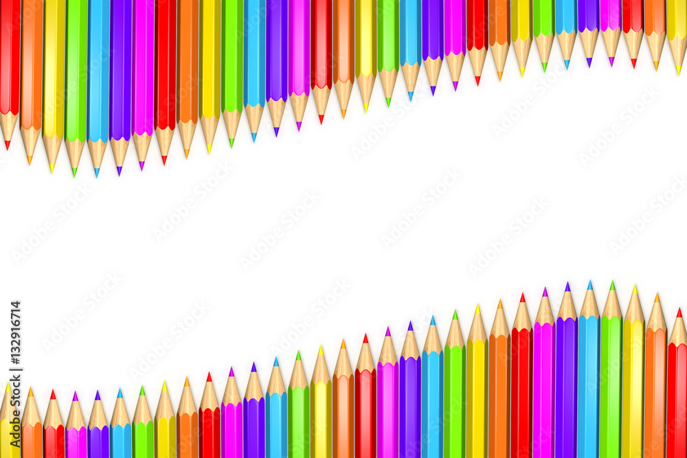 3d Rendered Illustration of a row or ribbon of rainbow colored pencils over white background with copy space in the middle. 3d Rendered Illustration of a row or ribbon of rainbow colored pencils over white background with copy space in the middle.