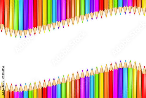 3d Rendered Illustration of a row or ribbon of rainbow colored pencils over white background with copy space in the middle.