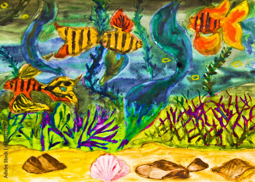 Golden Fishes, illustration, watercolor