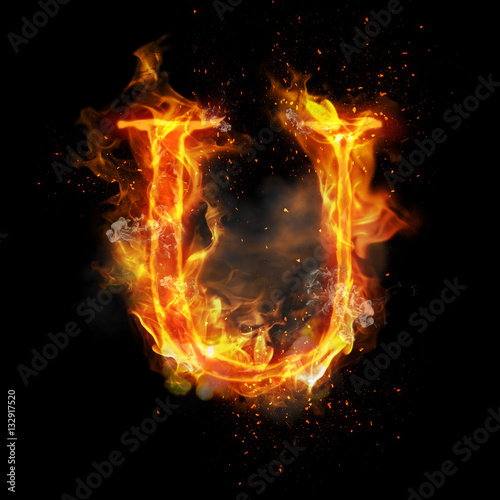 Fire letter U of burning flame light
