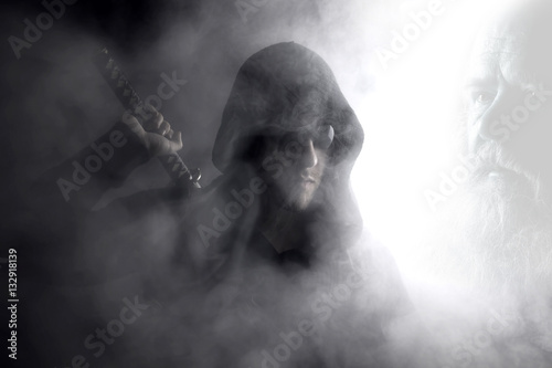 warrior in abstract smoke on black background