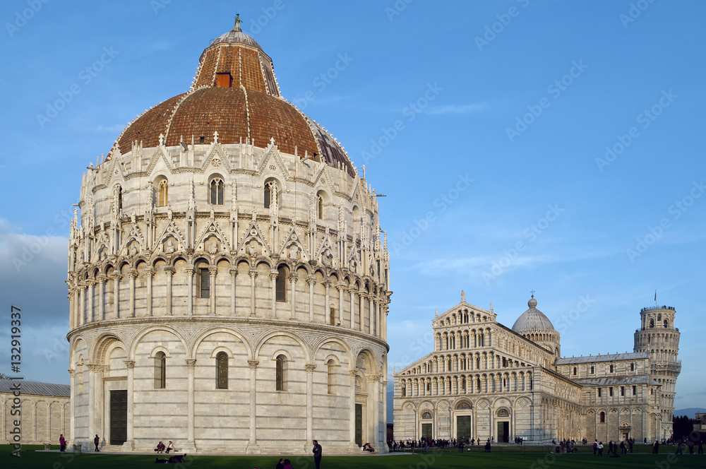 The famous Piazza dei Miracoli square, Pisa, Tuscany, Italy, with a beautiful light