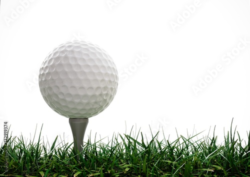Golf ball  with tee in the grass on white background
