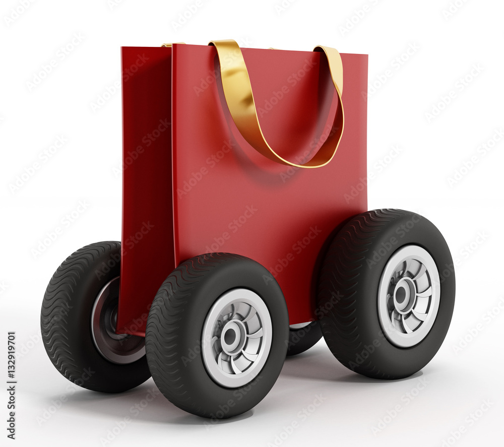Naklejka premium Shopping bag with wheels. Speed delivery concept. 3D illustration