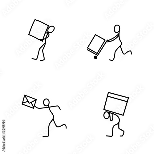 Cartoon icon of sketch stick figures in cute miniature scenes.
