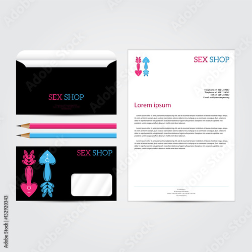 XXX sex shop salon black Corporate concept identity template set. Business stationery mock-up. Branding design. Letter envelope, card, banner, label,badge,  letterhead. Vector illustration.