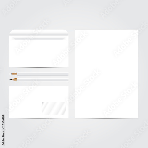 Corporate concept identity blank template set. Business stationery mock-up  white. Branding design. Letter envelope, card, banner, label, pen, pencil, badge,  letterhead. Vector illustration.