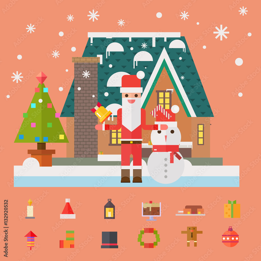 Christmas and New Year santa gifts at home. Flat vector illustra
