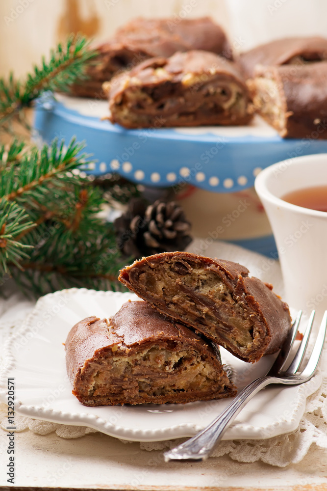 chocolate strudel with ricotta and pears. chocolate strudel with ricotta and pears.