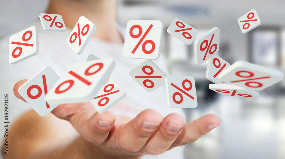 Fototapeta premium Businessman holding sales icons in his hand 3D rendering