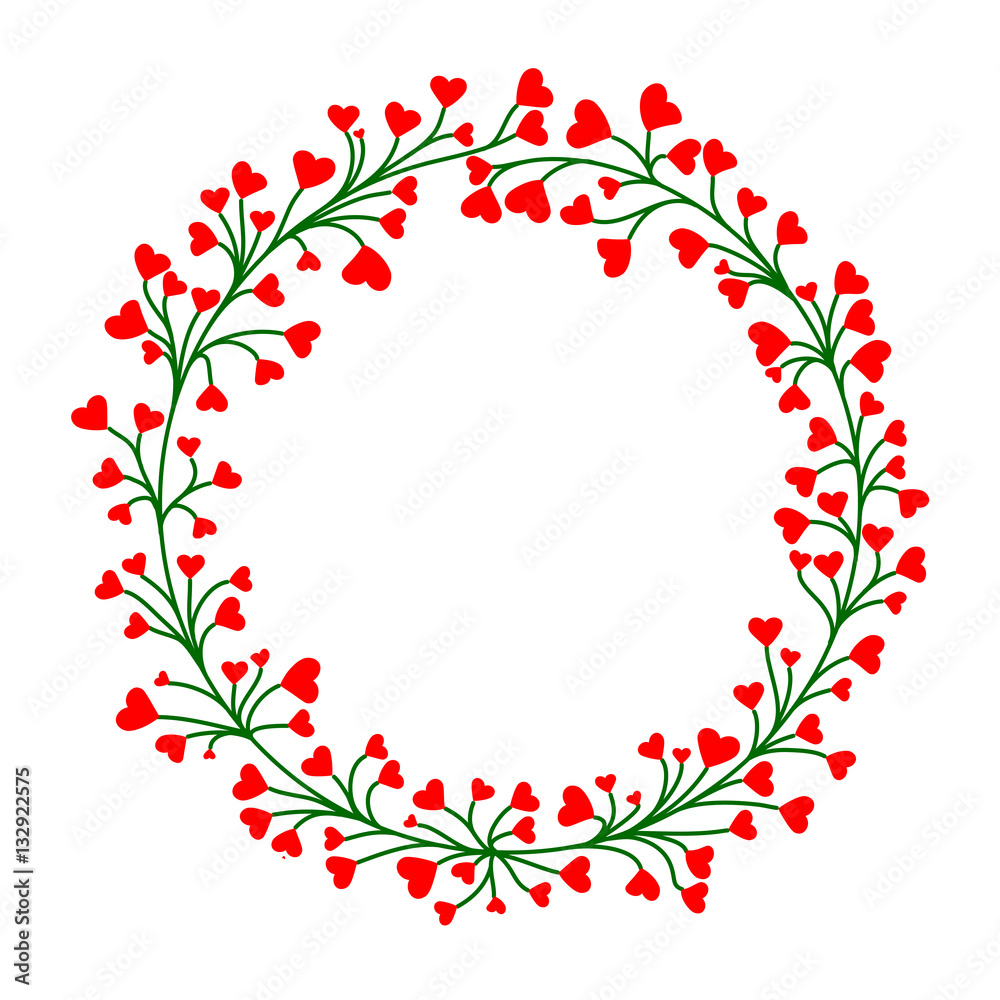 red hearts on green branches. vector frame. put your text here