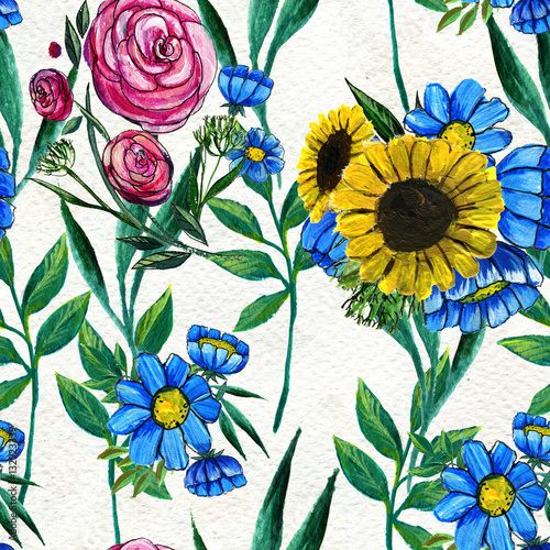 Seamless pattern with blue yellow and pink flowers