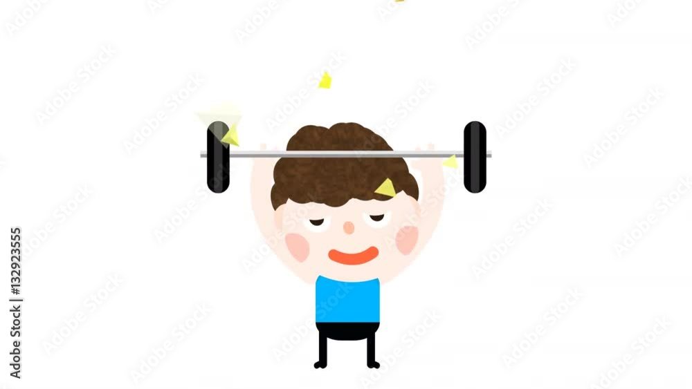 Funny cartoon animation little boy kid lifting weight. Man doing workout training exercise at gym club center. Get healthy fit body, lose fat, increase stronger muscle. Falling confetti. 4K resolution