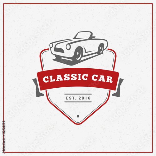 Classic car logo, emblem, badge. Service car repair, car restoration and car club design elements. Vector illustration. Red and gray on light background