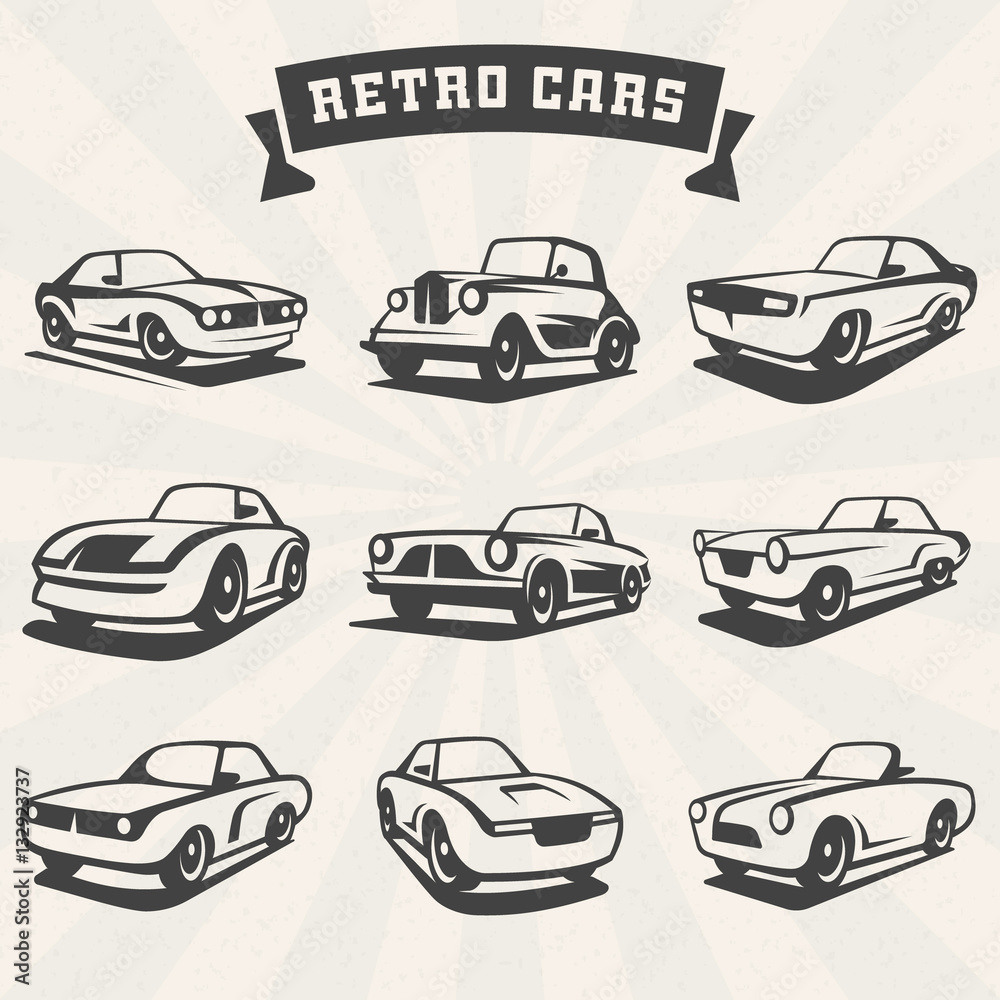 Zestaw sylwetki klasycznych samochodów. Elementy logo projektu samochody retro. Ilustracji wektorowych <span>plik: #132923737 | autor: antartstock</span>