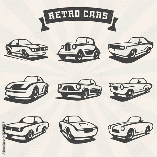 Fototapeta Zestaw sylwetki klasycznych samochodów. Elementy logo projektu samochody retro. Ilustracji wektorowych
