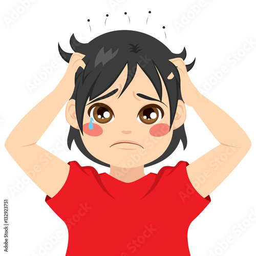 Little boy kid crying itchy hair with head full of lice