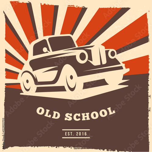 Retro car flyer or poster design with grunge frame and rays. Vector illustration