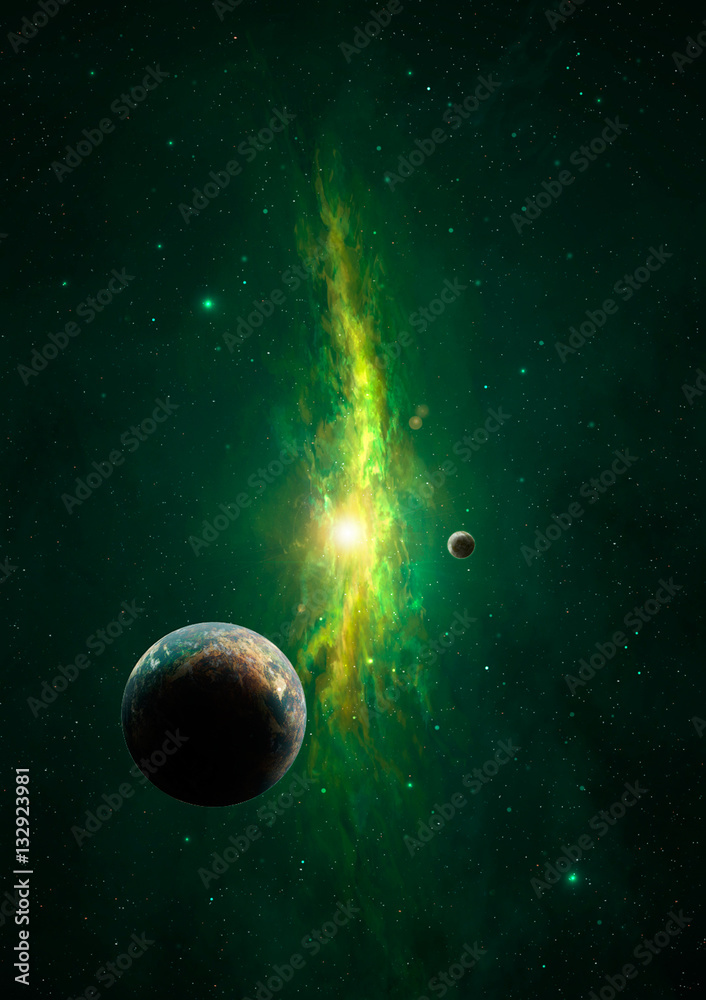 Space background. Colorful green nebula with planet. Elements furnished by NASA. 3D rendering