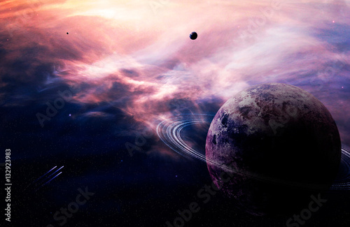 Space background. Colorful nebula with planet and spaceship. Elements furnished by NASA. 3D rendering