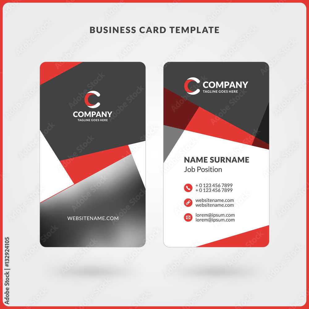 Vertical Double-sided Business Card Template. Red and Black Colors. Flat Design Vector Illustration. Stationery Design