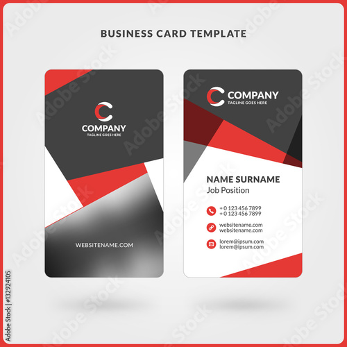 Vertical Double-sided Business Card Template. Red and Black Colors. Flat Design Vector Illustration. Stationery Design