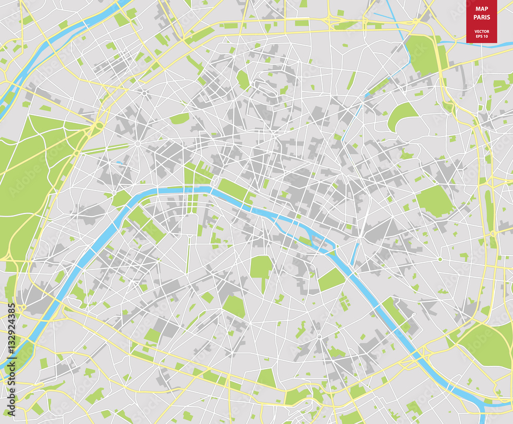 Obraz premium Wektor Mapa kolorów Paryża; Francja. Plan miasta Paryża