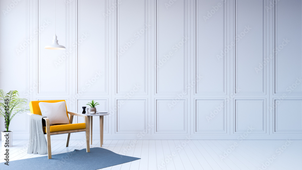 white modern room interior,yellow arm chair with white table /3d rendering