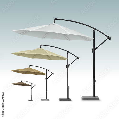 Vector Set of Brown Beige White Blank Patio Outdoor Beach Cafe Bar Pub Lounge Restaurant Round Umbrella Parasol for Branding Top Side View Mock up Close up Isolated on White Background