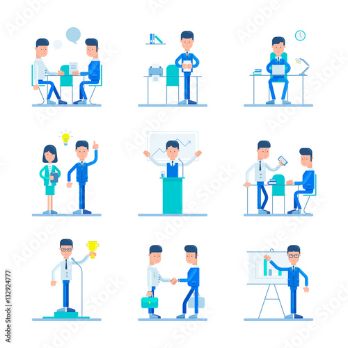 Set of flat line vector illustrations with cartoon characters businessmen in different situations photo