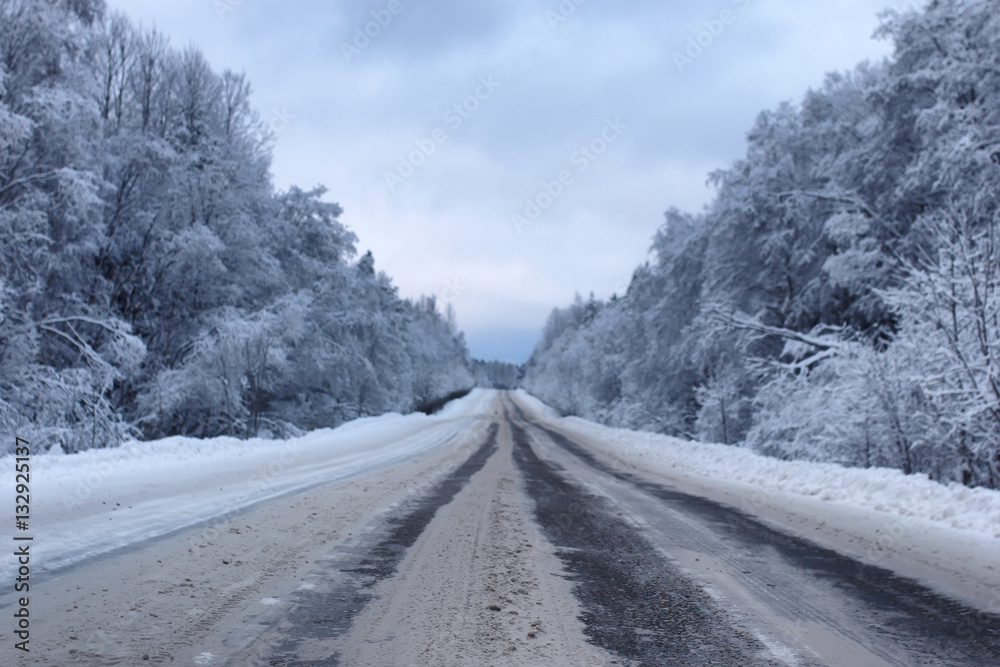 Obraz premium landscape Road in the winter forest with snow covered