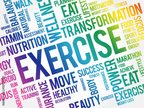 EXERCISE word cloud collage, health concept background