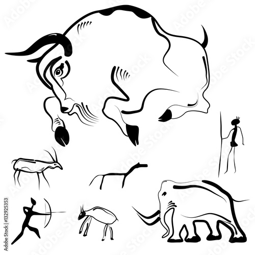 Stylized drawings of prehistoric animals and humans