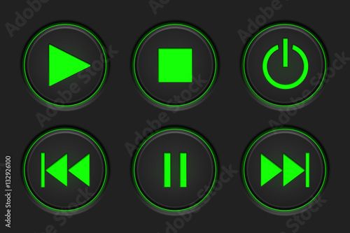 Media player main buttons set. Black and green
