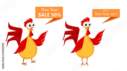 Two crazy cartoon red roosters. Funny roosters on white background. Cock, domestic animal. Symbol on New Year 2017