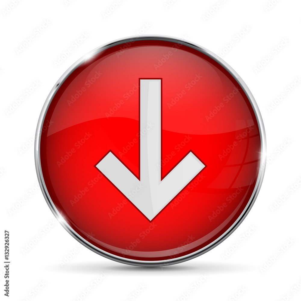Round red button with DOWN arrow, with chrome frame Round red button with DOWN arrow, with chrome frame