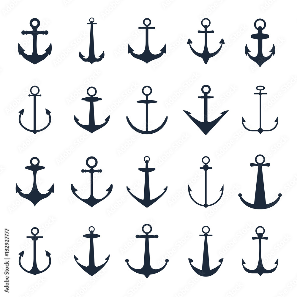 Anchor icons. Vector boat anchors isolated on white background for marine  tattoo or logo Stock Vector