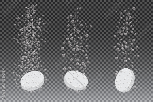 Soluble drug with fizzy trace isolated on checkered background, vector illustration. Vitamin in water effervescent , three dissolving tablets. photo