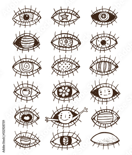 Eyes sketchy hand drawn outline collection on white