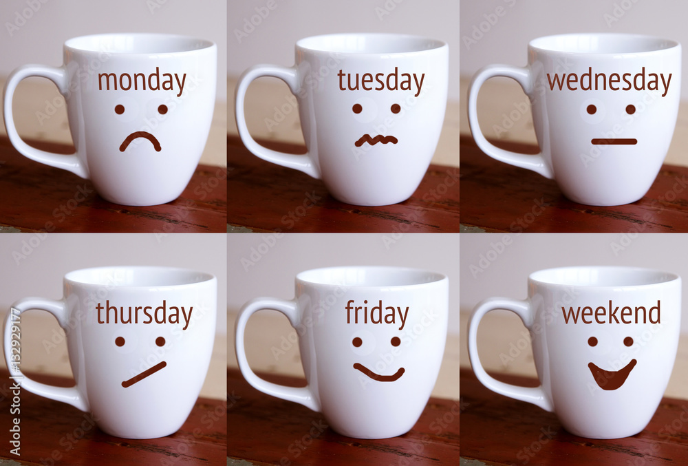 six cups with the words of days of the week six cups with the words of days of the week