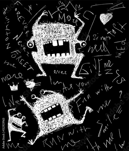 Hairy freaky creature monster monochrome scribble cartoon on black