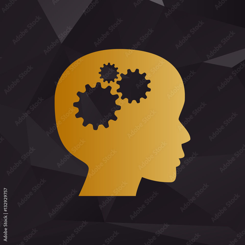 Thinking head sign. Golden style on background with polygons. Thinking head sign. Golden style on background with polygons.