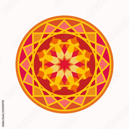 Mandala tattoo colored icon. Geometric round stylized ornament. Harmony, luck, infinity symbol. Red, yellow, orange colors. Vector