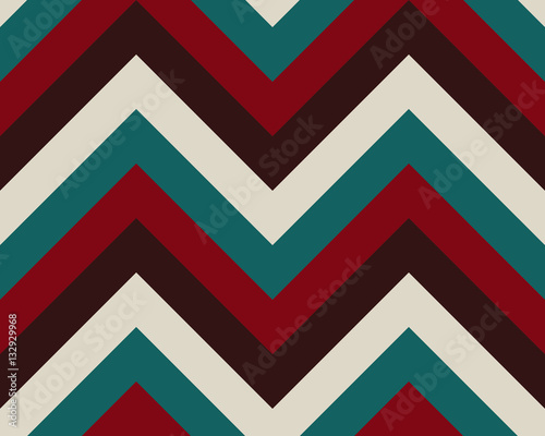 Striped, zigzagging seamless pattern. Zig-zag line texture. Stripy geometric background. Turquoise, white, brown, red contrast colored. Winter theme. Vector