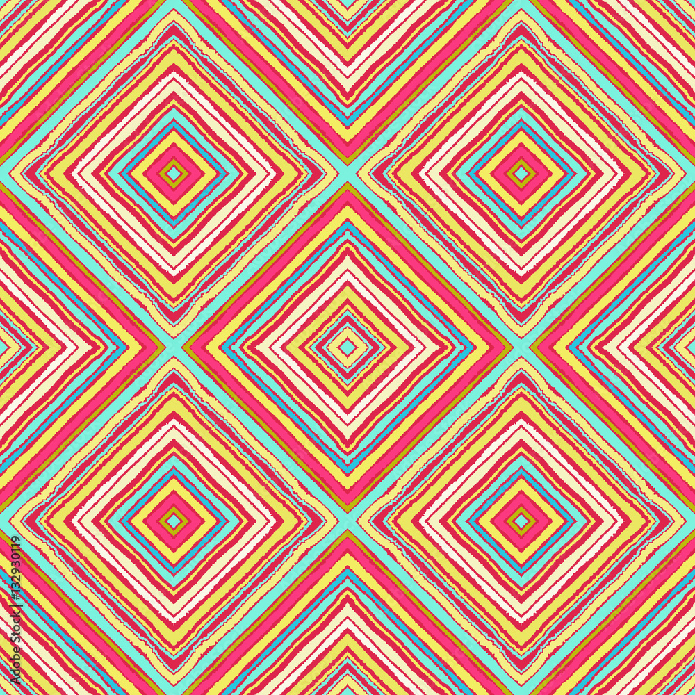 Striped diagonal rectangle seamless pattern. Square rhombus lines with torn paper effect. Ethnic background. Pink, orange, blue, white colors. Vector