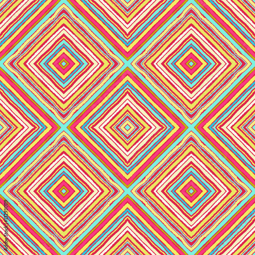 Striped diagonal rectangle seamless pattern. Square rhombus lines with torn paper effect. Ethnic background. Pink, orange, blue, white colors. Vector